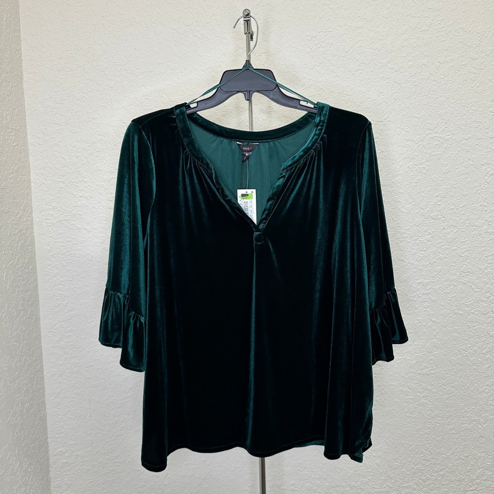 NWT Intro Stretch Woman Velvet Blouse Emerald Green Ruffle Sleeve 2X 3-44682V